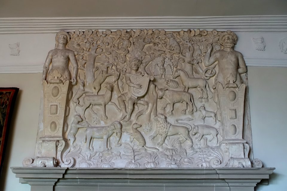 Orpheus Charming the Beasts, mid 1500s, plaster - State Bedroom, Haddon Hall - Bakewell, Derbyshire, England - DSC02820