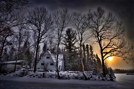Snow house trees photo
