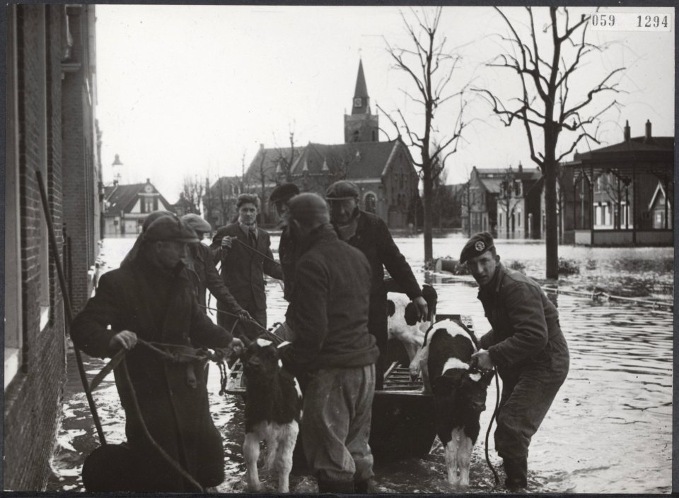 Opnamen van door de watersnood 1953 getroffen plaatsen toen en een jaar later. ', Bestanddeelnr 059-1294
