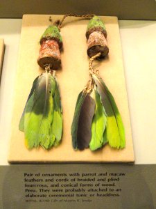 Ornaments, Peru, parrot and macaw feathers, fourcroya cords, wood - South American objects in the American Museum of Natural History - DSC06090
