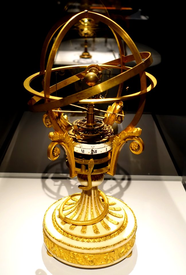 Orrery clock by Louis Thouverez, Paris, dated 1790, gilt bronze, white marble, brass, enamel - Metropolitan Museum of Art - New York City - DSC06983