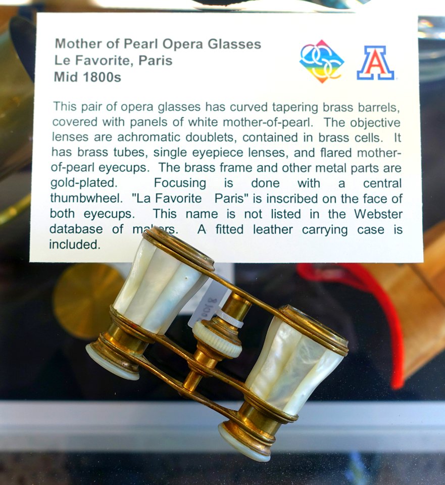 Opera glasses, Le Favorite, Paris, mid 1800s, mother of pearl, gilt brass - College of Optical Sciences - University of Arizona - Tucson, AZ - DSC08618