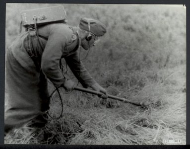Opruimen van landmijnen bij Hoek van Holland. Een Duitse krijgsgevangene speurt , Bestanddeelnr 120-1031