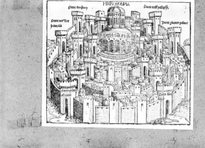 Oude prent voorstellend de stad Jeruzalem met daarop gebouwen en muren getekend…, Bestanddeelnr 255-5183