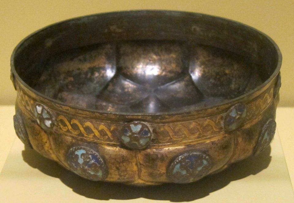 Ottoman period bowl, possibly 16th century from the Balkans, copper alloy with gilt and applied enamel, HAA