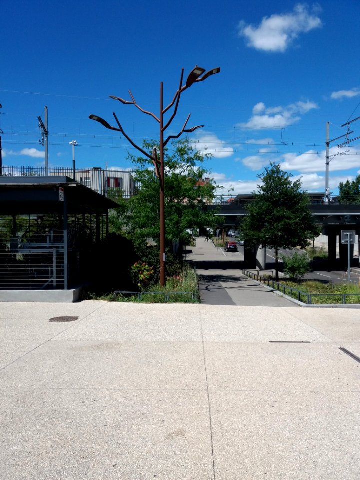 Oullins - Avenue du Rhône, lampadaire arbre à côté de la gare d'Oullins