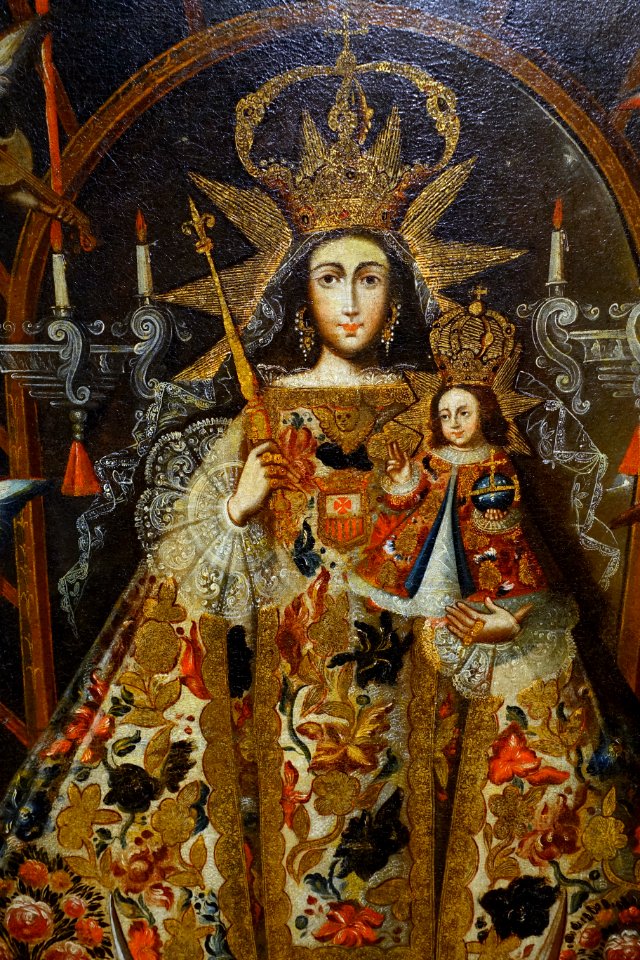 Our Lady of Mercy with Saints Peter Nolasco and Raymond Nonnatus, artist unknown, Cuzco, Peru, 18th century, oil on canvas, detail - Blanton Museum of Art - Austin, Texas - DSC08110