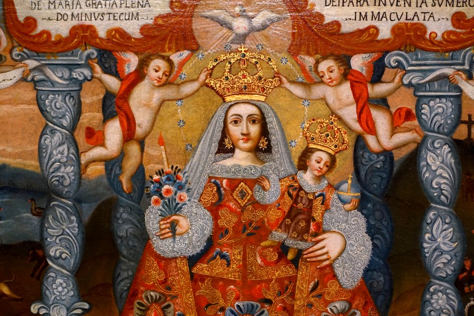 Our Lady of Cocharcas, artist unknown, Peru, 1751, oil on canvas, detail - Blanton Museum of Art - Austin, Texas - DSC08137