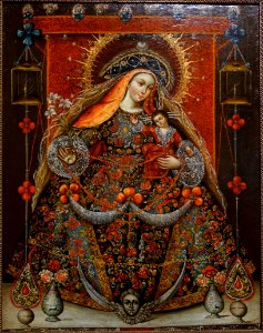 Our Lady of Mercy, called 'The Pilgrim', Enthroned, artist unknown, Cuzco, Peru, 1730s, oil on canvas - Blanton Museum of Art - Austin, Texas - DSC08142