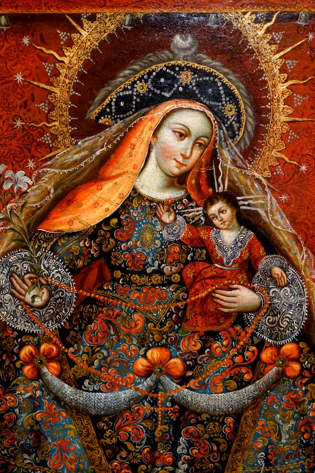 Our Lady of Mercy, called 'The Pilgrim', Enthroned, artist unknown, Cuzco, Peru, 1730s, oil on canvas, detail - Blanton Museum of Art - Austin, Texas - DSC08143