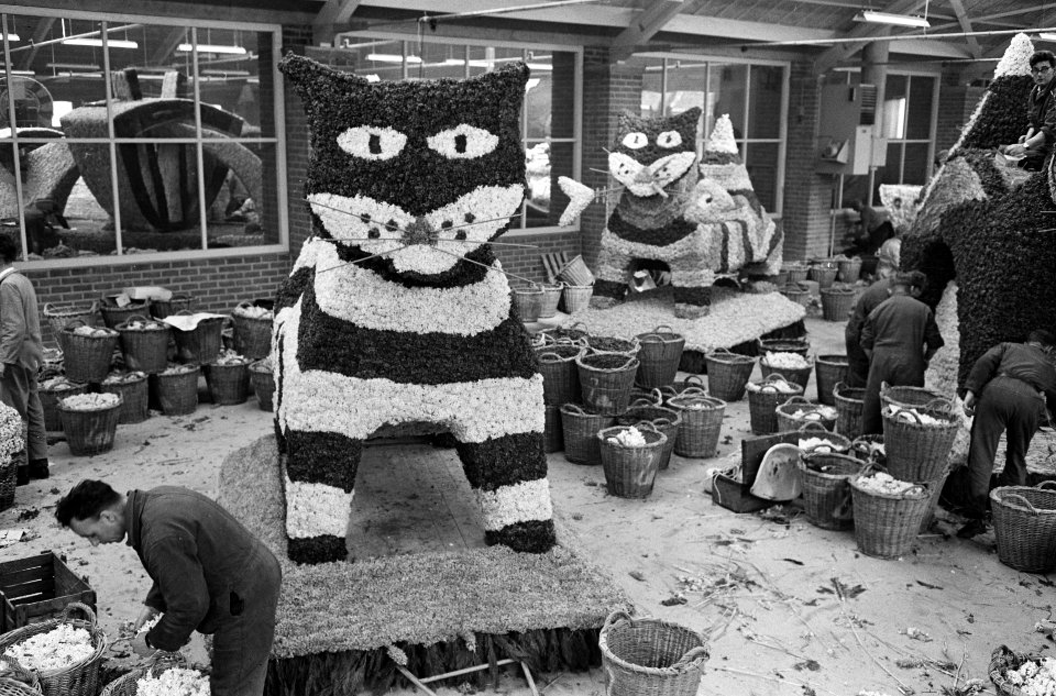 Opbouw bloemencorso in veilinggebouw van Lisse, Bestanddeelnr 913-9100