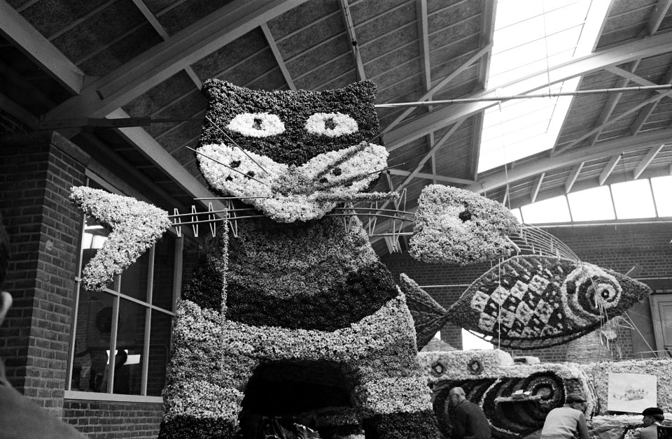 Opbouw bloemencorso in veilinggebouw van Lisse, Bestanddeelnr 913-9096