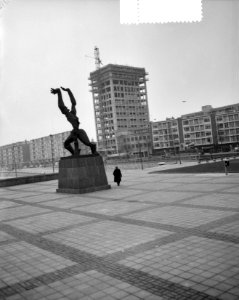 Opbouw in Rotterdam van het beeld van Ossip Zadkine Stad zonder Hart, Bestanddeelnr 908-3734