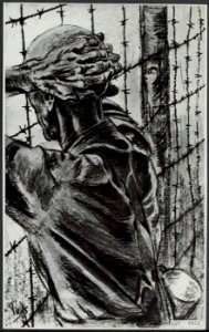 Op uitkijk naar de vrijheid in Buchenwald. Tekening van Henri Pieck, Bestanddeelnr 120-0652
