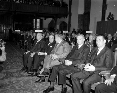 Opening NATO conferentie te Den Haag , Haekkerup, Couve de Murville , Schroder, Bestanddeelnr 916-4287