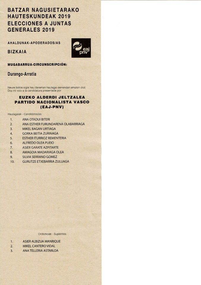 Papeleta de voto del Partido Nacionalista en la circunscripción Durango-Arratia en las elecciones a Juntas Generales de Vizcaya en España del 26 de mayo de 2019