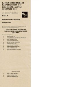 Papeleta de voto del Partido Nacionalista en la circunscripción Durango-Arratia en las elecciones a Juntas Generales de Vizcaya en España del 26 de mayo de 2019