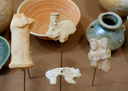 Parthian terracotta figurines of tambourine players, a man with a woman, and an animal - Oriental Institute Museum, University of Chicago - DSC07052