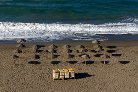 Parasols, morning, Beach, Rincon de la Victoria, Andalusia, Spain