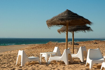 Parasols beach chairs atlantic ocean photo