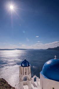 Blue dome church aegean sea photo