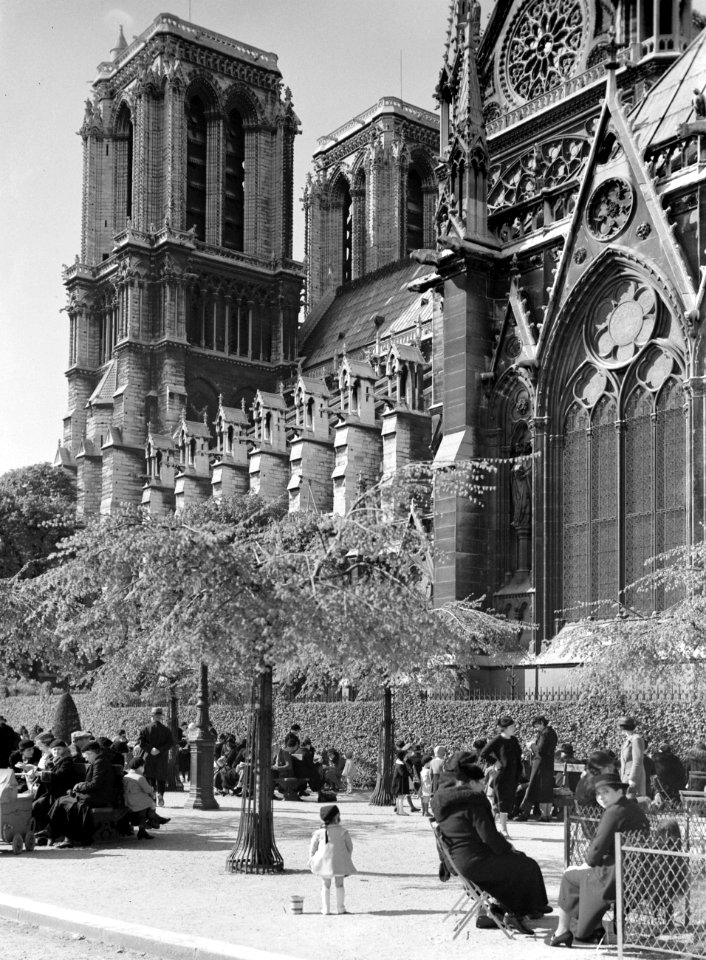 Parijs Zuidzijde van de kathedraal Notre Dame met publiek op bankjes op de Sein, Bestanddeelnr 255-8664
