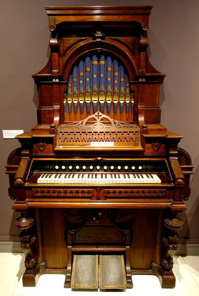 Parlor organ, Estey Organ Company, Brattleboro VT, c. 1882, walnut, pine, steel, painted and gilt with ivory and ebony keys - Bennington Museum - Bennington, VT - DSC09091