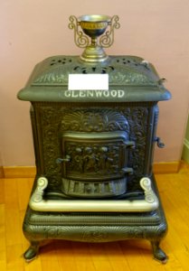 Parlor stove, Glenwood, Weir Stove Company, c. 1898, iron, white metal, nickel - Old Colony History Museum - Taunton, Massachusetts - DSC03838