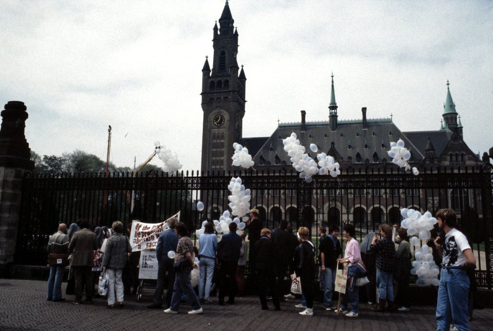 Pausbezoek aan Nederland demonstranten tegen de Paus bij het Vredespaleis in De, Bestanddeelnr 253-8914