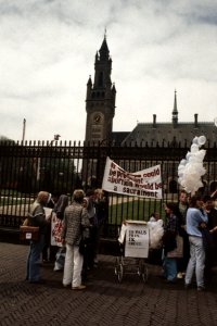 Pausbezoek aan Nederland demonstranten tegen de Paus bij het Vredespaleis in De, Bestanddeelnr 253-8913