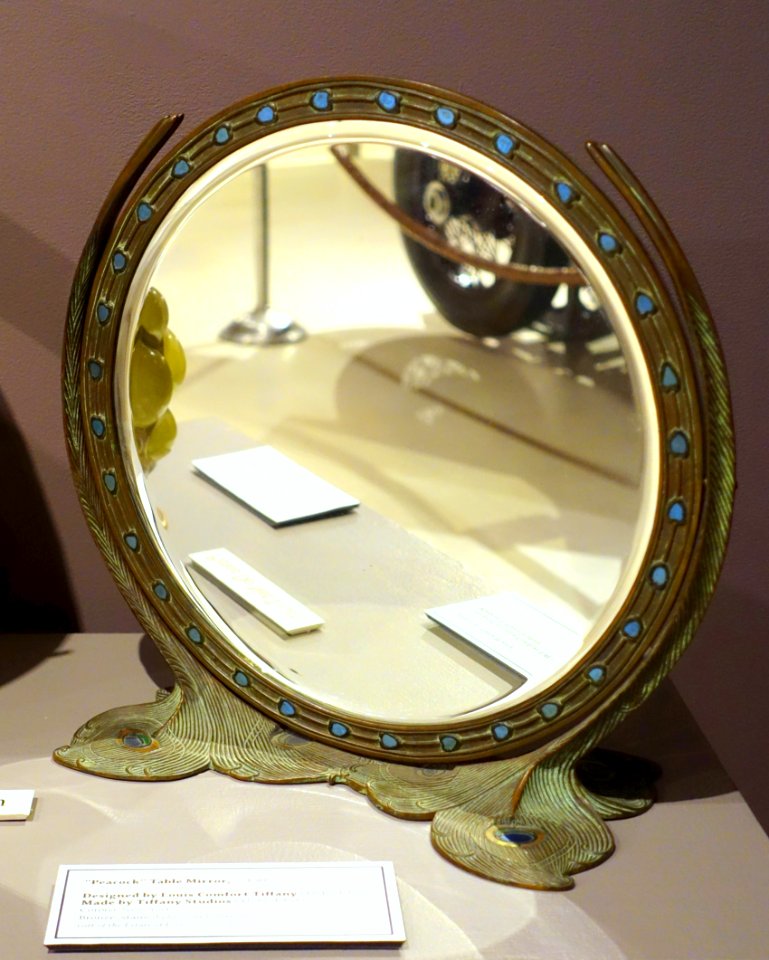 Peacock table mirror, Louis Comfort Tiffany, made by Tiffany Studios, Corona NY, c. 1905, bronze, stained glass, mirror - Bennington Museum - Bennington, VT - DSC09050