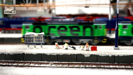 Penguins waiting in a train station