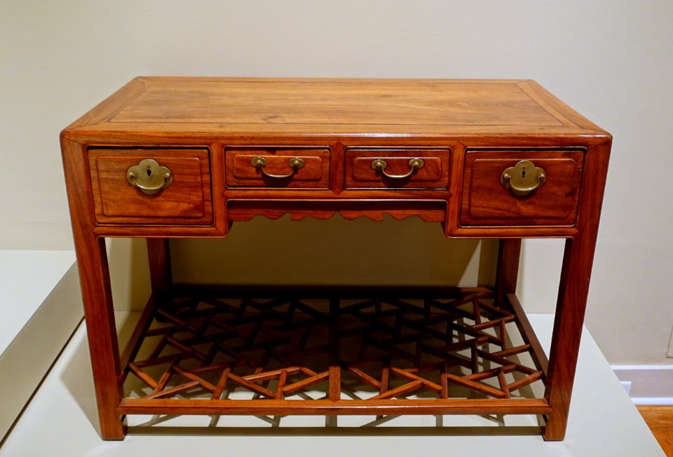 Pedestal desk, China, Qing dynasty, 1644-1911 AD, huanghuali wood (yellow flowering pear), brass fittings - Portland Art Museum - Portland, Oregon - DSC08449