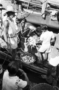 Pasar Ikan Vismarkt Batavia. Een vissersboot komt aan, Bestanddeelnr 512-5-4