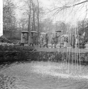 Pasen 1965, touristen op Keukenhof met paraplus gewapend, Bestanddeelnr 917-6622