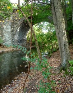 Passaic River flowing under train arch