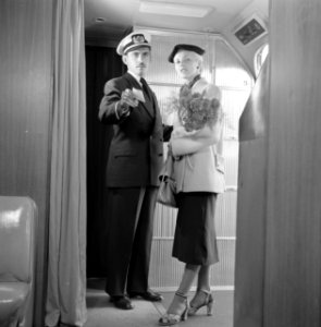 Passagier met steward in het vliegtuig, Bestanddeelnr 252-2016