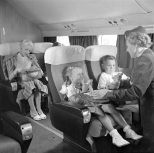Passagiers met een stewardess in een KLM-vliegtuig, Bestanddeelnr 254-5469