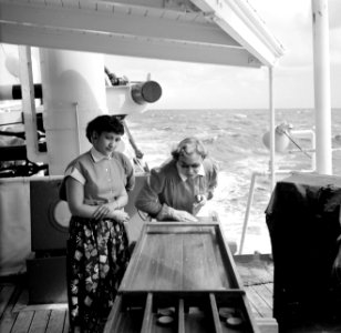 Passagiers aan het sjoelbakken aan boord van de ms. Nestor op weg naar Suriname, Bestanddeelnr 252-2110
