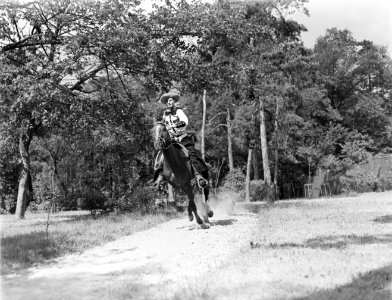 Paul Cozé rijdt te paard door een bos, Bestanddeelnr 190-0767