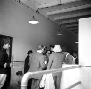 Passagiers in een tunnel bij het aan boord gaan van een vliegtuig, Bestanddeelnr 252-1726
