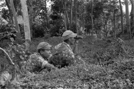 Patrouille. KNIL-militairen kijken door een verrekijker, Bestanddeelnr 108-3-5