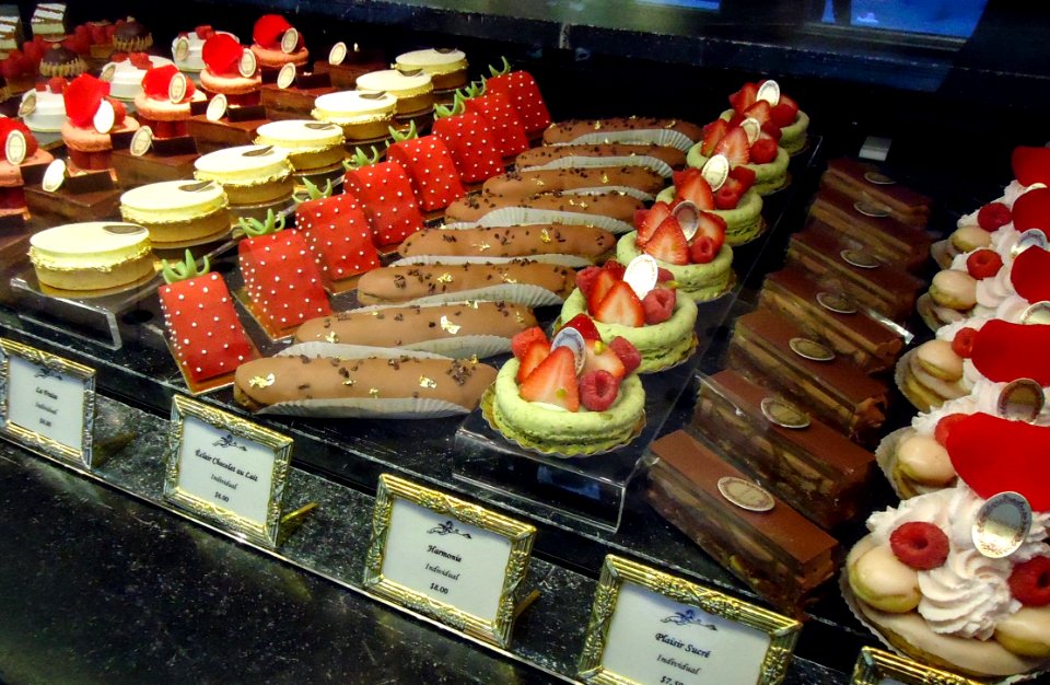 Pastries in a shop window along Madison Avenue