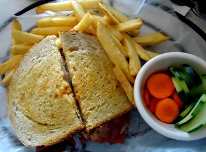 Pastrami Rubin sandwich with fries and vegetables at the Maplewood Deli & Grille in New Jersey