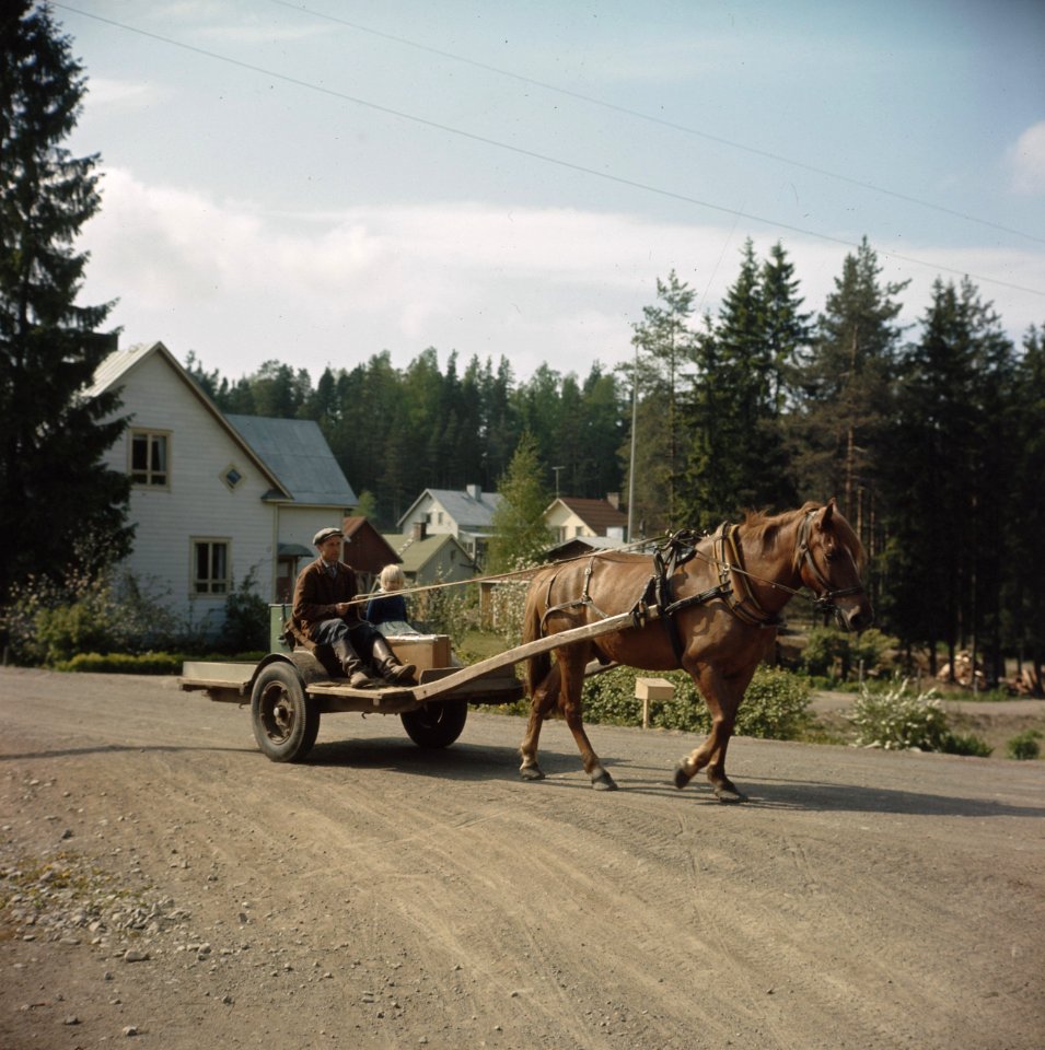 Paard en wagen in fins dorp, Bestanddeelnr 254-7421
