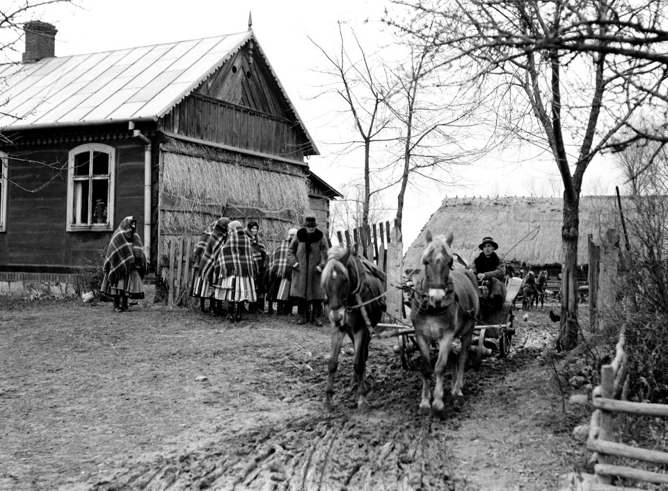 Paard en wagen passeren een boerderij in Lowicz, Bestanddeelnr 252-1298