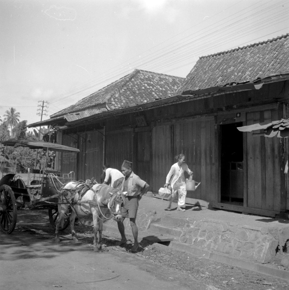 Paard met rijtuig (sado) voor huizen in de kampong, Bestanddeelnr 255-6723