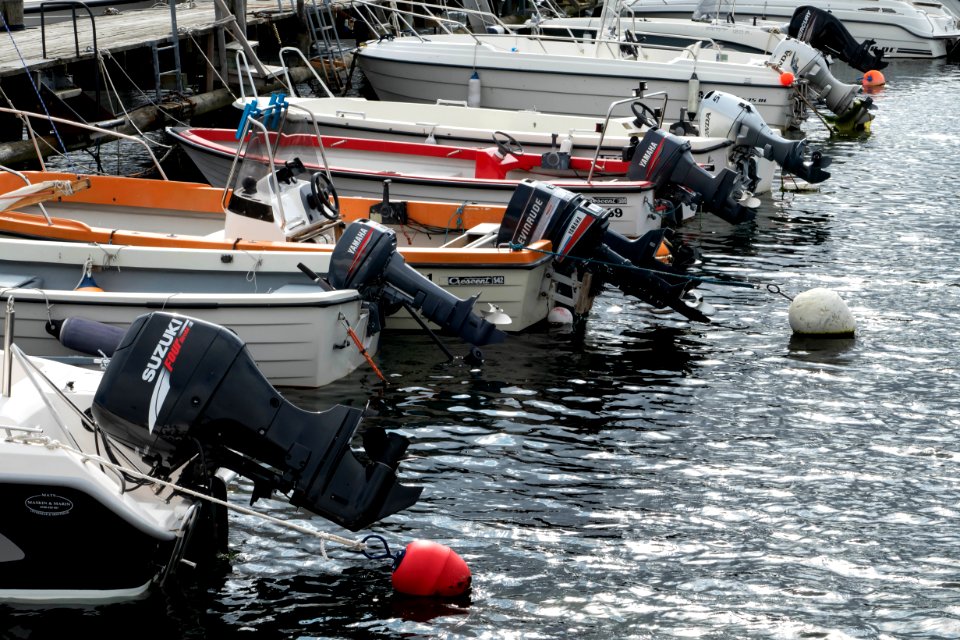 Outboard motors on boats in Norra Hamnen, Lysekil 2