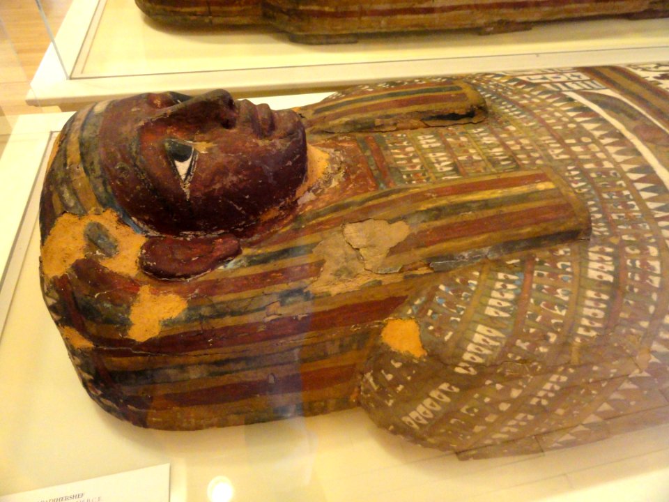 Outer coffin of Padihershef, Egypt, Late Period, 26th Dynasty, 664-525 BC, sycamore wood with painted gesso - George Walter Vincent Smith Art Museum - DSC03662