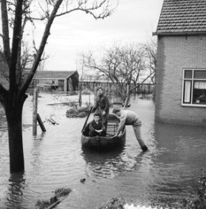 Overstroming in Rijnsaterswoude, met bootjes vaart men door het rampgebied, Bestanddeelnr 911-8432